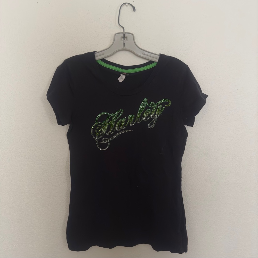 Harley-Davidson black graphic tee with green rhinestones